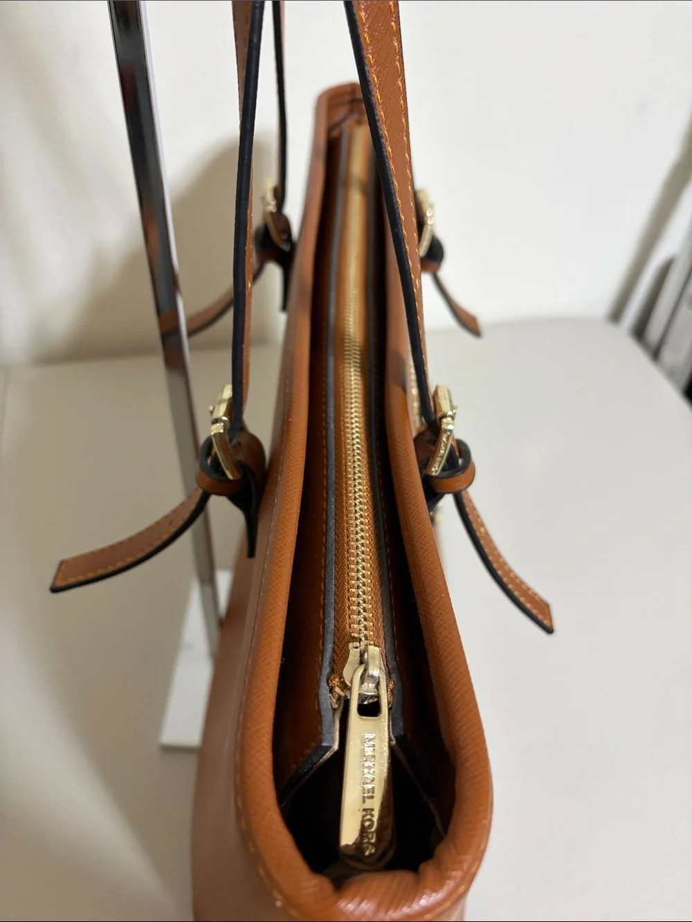 Fashion Tote Bag with Double Shoulder Strap and buckle accents Cognac